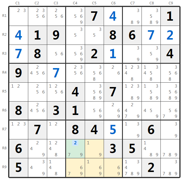 Sudoku Hidden Single Example - Box Analysis