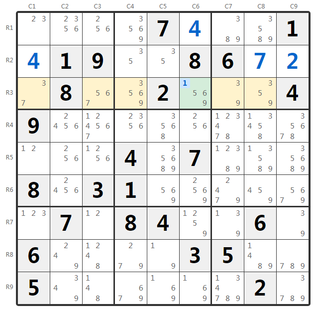 Sudoku Hidden Single Example - Row Analysis